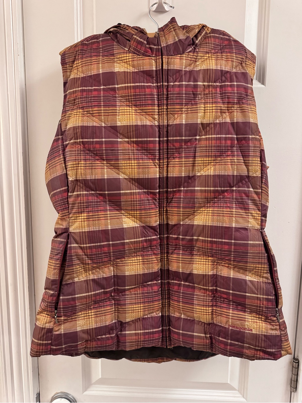 Patagonia Quilted Hooded Vest In Burgundy Plaid With Mustard Accents